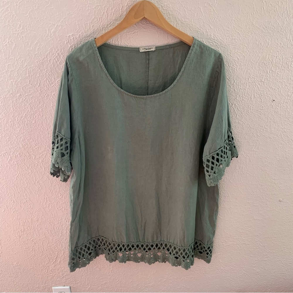 100% Linen Tunic Top Blouse Green Crochet Trim